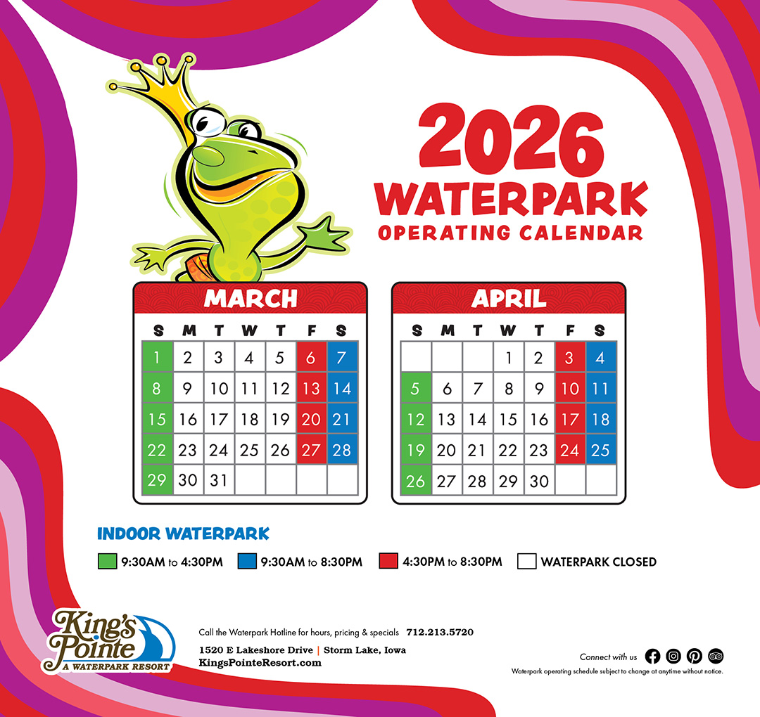 Kings Pointe Resort Outdoor Waterpark Schedule March and April 2026